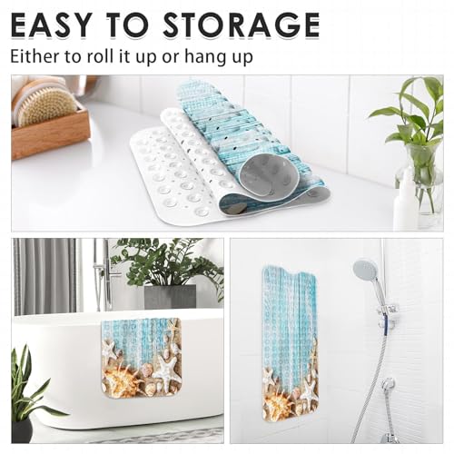 Bath Mat for Tub, Seashells Summer, 40 X 16 Inch, for Bathtub | Space Beach Wood Extra Long Shower with Suction Cups and Drain Holes for Kids Adults Elderly - color: Ocean Starfish Shell