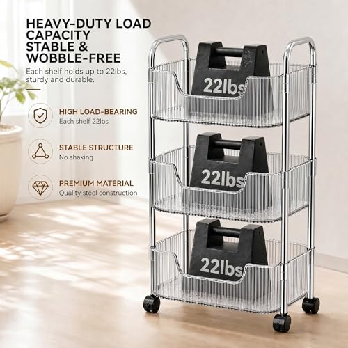 3 Tier Rolling Cart with Wheels, Clear Plastic Storage Cart with Stainless Steel Frame, Slim Narrow Organizer for Bathroom, Kitchen, Laundry Room, Vanity, Dorm, Easy Assembly