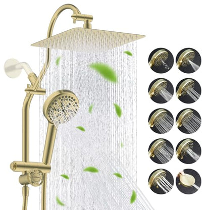 Hibbent High Pressue All Metal 10" Rainfall Shower Head, Handheld 10-Spray | cUPC Certified Brushed Gold Dual Showerhead Combo, 4-way Diverter with Pause Mode, Brass Extension Arm, 71'' Hose & Holder - color: Burshed Gold, style: Square 10"
