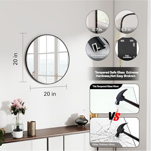 SCWF-GZ 20" Round Mirror Circle Wall Mounted Hanging or Against Wall Metal Frame Dressing Make-up Mirrors for Entryway Bedroom Bathroom Living Room 20 inch Black | HD Crystal Clear No distortion Tempered Glass,Aluminum Frame,Make-Up Mirrors for Bedroom,En