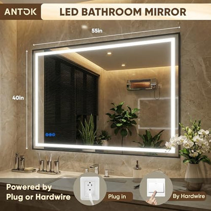 Antok 55X40 LED Bathroom Mirror with Lights, Vanity Mirror for Wall with Black Frame, Touch Control, Anti-Fog, Dimmable Lights, Shatter-Proof, Memory Function, Wall-Mounted Vanity Mirrors - size: 55"L x 40"W
