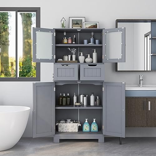 COSTWAY Bathroom Storage Cabinet, Freestanding Bathroom Organizer with Glass Doors, 2 Drawers and 2 Adjustable Shelves, Tall Linen Floor Cabinet for Bathroom, Living Room, Kitchen (Gray) | with Glass Doors, 2 Drawers & 2 Adjustable Shelves, Wooden Linen F