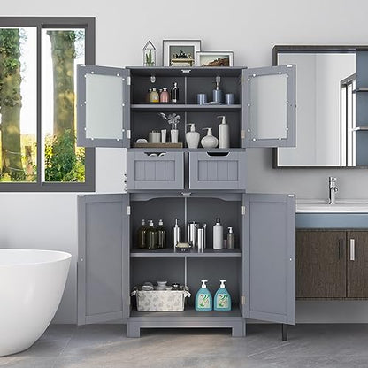 COSTWAY Bathroom Storage Cabinet, Freestanding Bathroom Organizer with Glass Doors, 2 Drawers and 2 Adjustable Shelves, Tall Linen Floor Cabinet for Bathroom, Living Room, Kitchen (Gray) | with Glass Doors, 2 Drawers & 2 Adjustable Shelves, Wooden Linen F