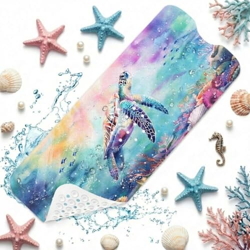 Purple Sea Turtle Bathtub Shower Mat Colorful Coral Fish Shells Non-Slip Tub Extra Long Bath Floor 40X16 Inch Machine Washable for Bathroom Tub Bath Mat for Toddler and Baby - color: Purple Sea Turtle