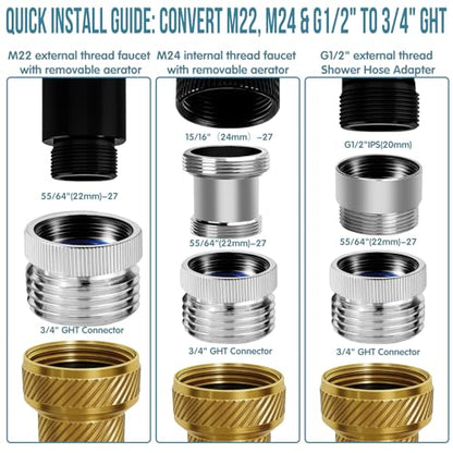 3Pcs Brass Faucet to Hose Adapter with Aerator, Sink Hose Adapter Set with Washers & Tape – Fits G1/2" Female, 55/64" Female, and 15/16" Male, Connects to 3/4" GHT Garden Hose - color: Silver