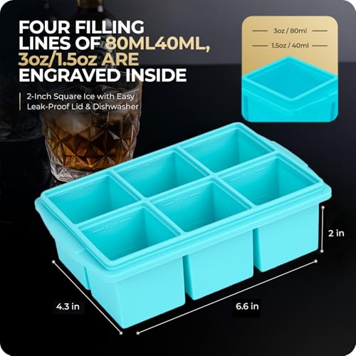 Large Ice Cube Trays for Whiskey, Silicone Ice Cube Tray, with Reinforced Steel Ring Top, Makes 12 perfect 2-in ice cubes, Square Ice Tray for Cocktails, Whiskey, Coffee. (2 Pack) - color: Water blue