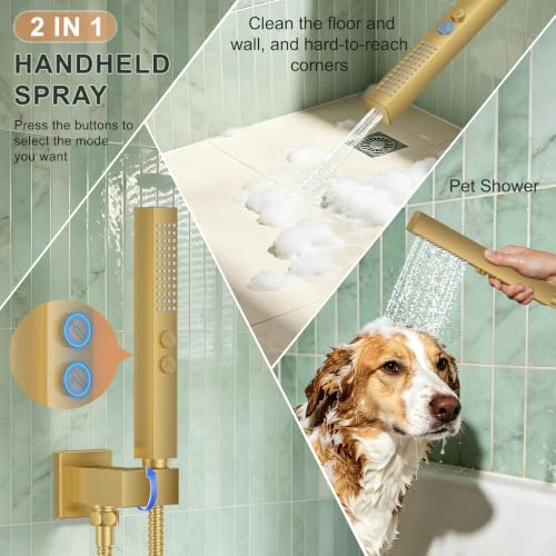 Rain Shower System with Rough-in Valve, Wall Mount Shower Faucet Set with 12" & 6" Dual Rain Shower Heads, 2-in-1 Handheld Shower, Tub Spout, 4-Function Complete Shower Fixture, Brushed Gold - color: Brushed Gold, size: Wall Mount-12"+6" head with Tub Spo