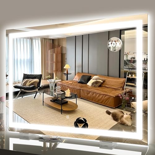 ROLOVE 40x28 Inch Lighted Vanity Mirror, 3-Color Lighting & Dimmable Modes, Large LED Makeup Mirror for Bathroom/Dressing Room (Wall/Tabletop Mount, White) - color: White, size: 39"L x 27"W