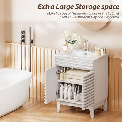 APRILSOUL 24" Bathroom Vanity with Ceramic Sink, Mid-Century Bathroom Vanity Cabinet with 2 Soft Closing Doors, Freestanding Bathroom Cabinet, Particleboard Frame with Wood Grain Laminate, White - color: White/ White Sink, size: 24 Inch