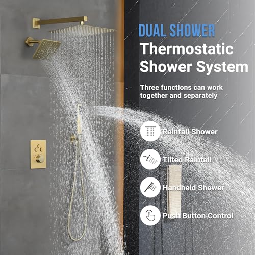 Thermostatic Dual Shower System, Rain Shower Faucet, Brushed Gold | 12 Inch Shower Head, 6 Inch Wall Mount Head, High Pressure Handheld Sprayer, Push Button Valve - color: Brushed Gold