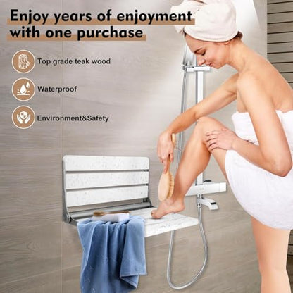 Wall Mount Shower Seat 18" for Adults ﻿ | Shower Bench Wall Mount for Inside Shower, Fold Down Shower Seat, Shower Seats for Adults ﻿ - color: White & Stainless Steel & Silver