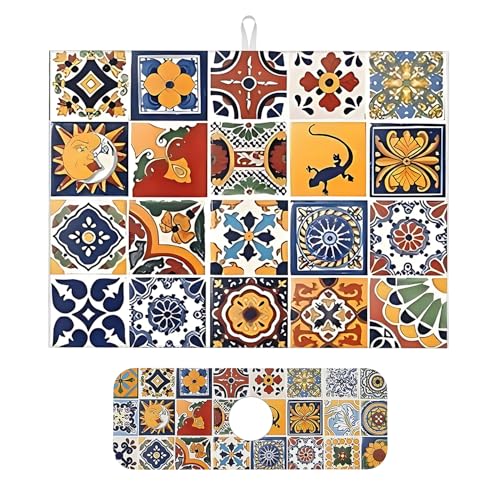 2Pcs Dish Drying Mats Faucet Mats Sets Large Size Coffee Mats Sink Faucet Mat Splash Guard for Kitchen Counter Bathroom Sink Coffee Bar Kitchen Decor (Retro Boho, 18"x24" 15" x 5.5"Set) - color: Retro Boho