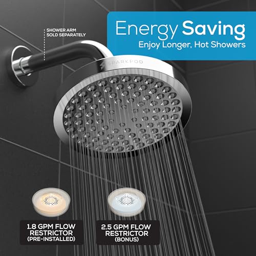 SparkPod Rain Shower Head, 6 Inch Round, Luxury Polished Chrome Finish | High Pressure Shower Heads, 90 Nozzles, Adjustable Showerhead, No Tools Needed, Universal Connection - color: Luxury Polished Chrome, style: 6 Inch Round