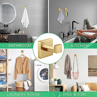 Heavy Duty Stainless Steel Towel Hooks, Wall Mounted Square Robe Hooks for Bathroom, Kitchen, Bedroom, Hotel Brushed Gold 2 Pack - color: Brushed Gold