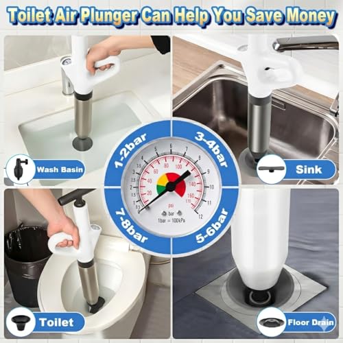 High Pressure Toilet Plunger, Heavy Duty Plunger for Bathroom White | High Pressure Air Drain Blaster Toilet Plunger with Real-Time Pressure Gauge, Heavy Duty Toilet Unclogger for Bathroom Clogs - color: White