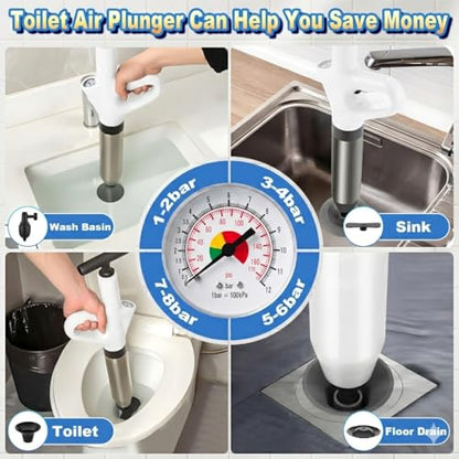 High Pressure Toilet Plunger, Heavy Duty Plunger for Bathroom White | High Pressure Air Drain Blaster Toilet Plunger with Real-Time Pressure Gauge, Heavy Duty Toilet Unclogger for Bathroom Clogs - color: White