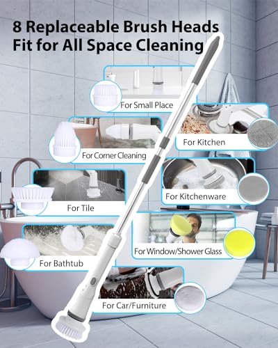 UBeesize Electric Spin Scrubber,Long Cordless Cleaning Brush,Rotatable Shower Scrubber with 8 Replaceable Heads,Adjustable Detachable Handle Bathroom Scrubber for Bathtub,Tile,Floor and Car Cleaning