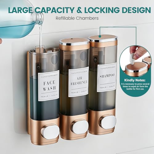 Wall Mounted Shower Soap Dispenser 3 Chamber,No Drill Shower Dispenser | Shampoo and Conditioner Dispenser for Bathroom Hotel Large Capacity, Gold - color: 3gold