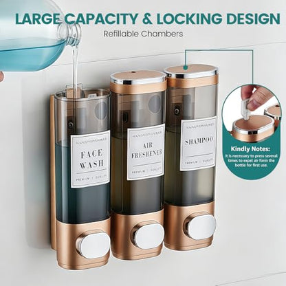 Wall Mounted Shower Soap Dispenser 3 Chamber,No Drill Shower Dispenser | Shampoo and Conditioner Dispenser for Bathroom Hotel Large Capacity, Gold - color: 3gold