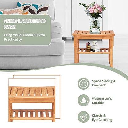 GLACER Shower Bench Bamboo with Extra Storage Shelf, Waterproof Bathroom Shower Stool with Efficient Storage Rack for Indoor or Outdoor Use (19" x 10.5" x 17.6")