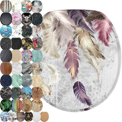 SANILO Wooden Toilet Seat with Soft Close [ROUND] - Decorative, Quiet & Slow Close Molded Wood Seat - With Strong Bumpers & Hinges - Adjustable Fit – Feathers - color: Feathers