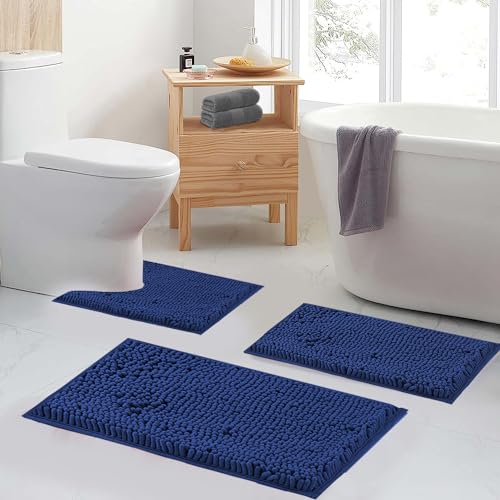 Non Slip Washable 2 Piece Extra Absorbent Shaggy Chenille Bathroom Rugs and Mats Sets, Soft & Dry Bath Rug/Mat Sets for Bathroom Washable Carpets Set Navy Blue Blue - color: Navy Blue