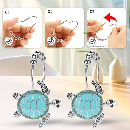 Blue Sea Turtle Decorative Shower Curtain Hooks and Rings Set,12 Pieces,Roller Ball, Stainless Steel,Cute Ocean Animal Decor, Beach Shower Hooks,Rustproof,for Home Living & Bathroom Decor