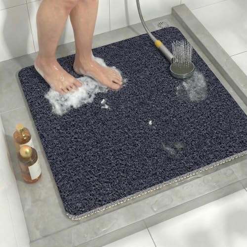 Square Loofah Shower Stall Mat 24"x24", Quick Drying Shower Mats with Drain, PVC Loofah Bath Mat for Wet Room & Bathroom Floor, Soft Textured & Elderly Safe, Washable & Resistant, Blue - color: Blue, size: 24" x 24" (Square)