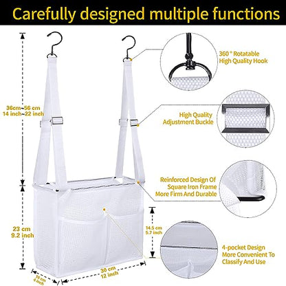 4 Storage Pockets Adjustable Hanging Mesh Bathroom Bag, Shower Caddy College with Hooks, Applied to College Dorm Rooms, Gym, Swimming and RV Travel (White) - color: White