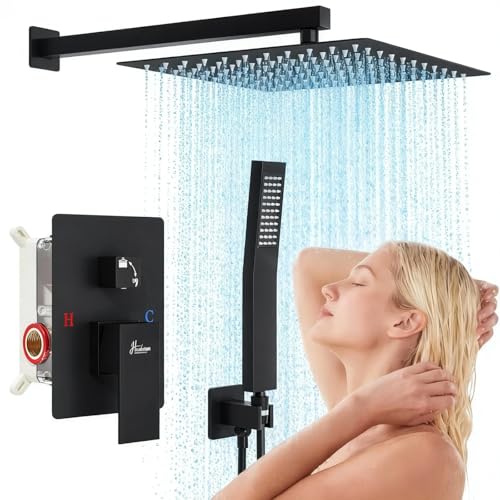 Hawkrown 10 Inch Luxury Rain Shower Faucet Set, Matte Black Shower System with Rainfall Shower Head and Handheld Spray, SUS304 Stainless Steel and Solid Brass Wall Mounted Shower Valve Trim Kit - color: Matte Black, size: 10 Inch