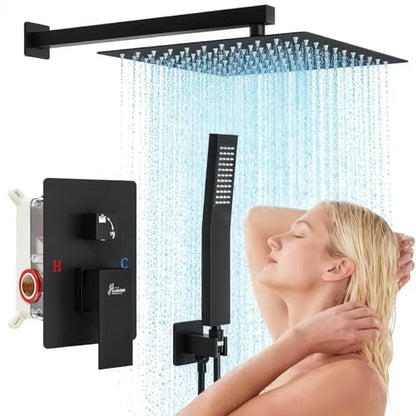 Hawkrown 10 Inch Luxury Rain Shower Faucet Set, Matte Black Shower System with Rainfall Shower Head and Handheld Spray, SUS304 Stainless Steel and Solid Brass Wall Mounted Shower Valve Trim Kit - color: Matte Black, size: 10 Inch