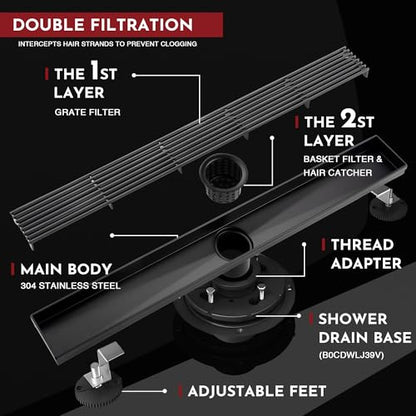 Linear Shower Drain, 28 inch Matte Black | Including Hair Catcher and Removable Grate, 304 Stainless Steel, Easy to Install and Clean (Drain Base Not Included) - color: Matte Black, size: 28 inch