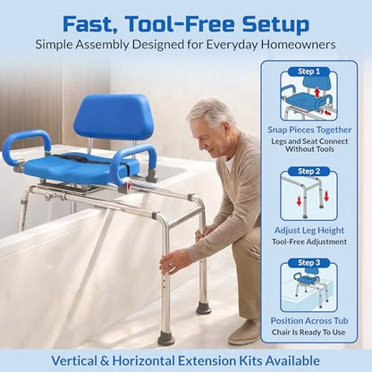 Carousel Sliding Shower Chair Tub Transfer Bench with Swivel Seat Elderly | Slide Safely In & Out of the Tub - Blue, padded seat, padded armrests, swivel seat, backrest, portable, tool-free assembly - color: Blue