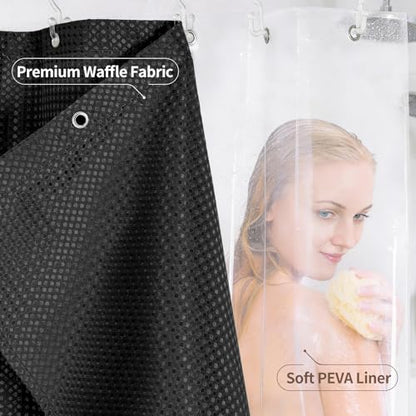 QiyI 3 in 1 Waffle Shower Curtain Set with Liner, Black, 72 x 84 | Shower Curtain and Liner Set with Hooks, Waterproof Bathroom Curtain with PEVA Liner & 12 Double Sided Clear Plastic Rings - color: Black, size: 72"W x 84"L (Pack of 1)