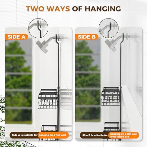 REINHARDT Split Shower Caddy Hanging for Handheld Showerheads, Black | Adjustable Shower Organizer, Rustproof, 16 Hooks, Soap Holder, 40lbs Capacity, Anti-Slip, Tool-Free, Bathroom Accessories - color: Black