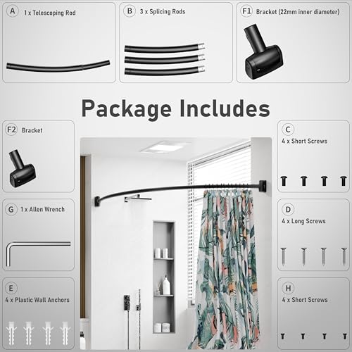 Curved Shower Curtain Rod, Need to Drill, 35-76 inches Adjustable Curved Shower Rod Rustproof Shower Rod Round Shower Curtain Rod for Bathroom, Bathtub, Stall, Stainless Steel, Black - color: black