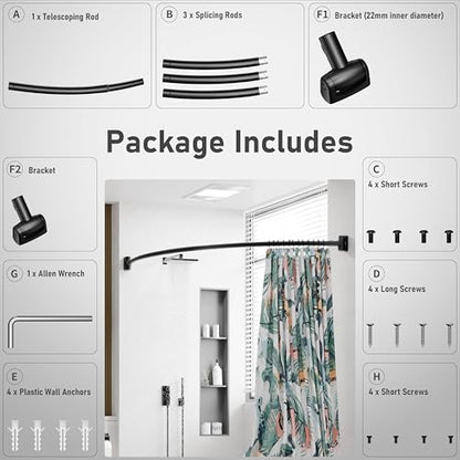 Curved Shower Curtain Rod, Need to Drill, 35-76 inches Adjustable Curved Shower Rod Rustproof Shower Rod Round Shower Curtain Rod for Bathroom, Bathtub, Stall, Stainless Steel, Black - color: black