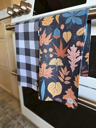 Kitchen Towels, Dish Towels for Kitchen, 2 Pc Kitchen Towel Set | Microfiber Waffle Towels, 16 x 26 inches, with Hanging Loops, Reusable Tea Towels, Cute Kitchen Towels - 2 Pack - color: Fall Leaves Black