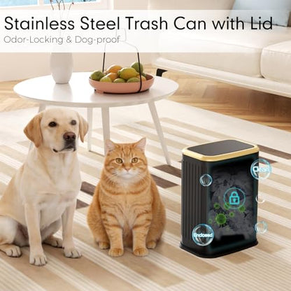 Bathroom Trash Can with Lid 8L/2.1 Gallon Black Trash Can Small Garbage Can with Swing Top Lid Slim Stainless Steel Garbage Can with 100 Counts Trash Bags for Bathroom Bedroom Kitchen Office Toilet - color: Black Stripe, size: Swing-Lid Trash Can