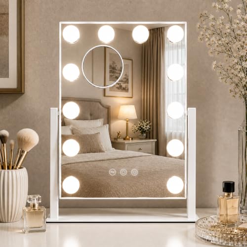 Makeup Mirror with Lights, 10X Magnification, 16.5x13.1in | 3 color modes & dimmable brightness, memory function, perfect for vanity & bedroom, gift for women - size: 16.5"L x 13.1"W