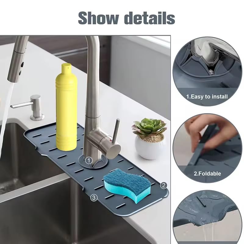 Silicone Sink Splash Guard for Faucet – Faucet Mat Drip Catcher, Kitchen Sink Water Guard, Behind Faucet Protector, Fast-Drying, Fits Most Sinks (14.5” x 5.5”, Dark Gray)