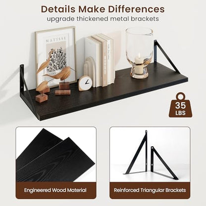 30 Inch Floating Shelves, 10 Inch Deep Black Wall Shelves Set of 2 | 30'' x 10'' Rustic Wood Shelves with Heavy Duty Brackets, Deep Shelves for Bathroom, Living Room, Engineered Wood, 40LBS - color: Black, size: 30W x 10D