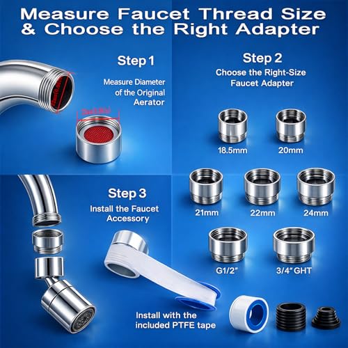 7 PCS Female Thread Faucet Adapter Kit, Sink Faucet Aerator Adapter | Female Thread Sink Adapter: M18.5, M20, M21, M22, M24, G1/2 and 3/4 GHT to M22 Male, Faucet Connector with Washer, PTFE Tape