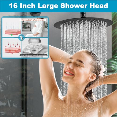 Midanya Round Rain Shower Head,High Pressure,Matte Black 16 Inch | 360°Swivel,Ceiling or Wall Mount,Waterfall Full Body Coverage,Bathroom Remodel,Stainless Steel Large Rainfall Shower Head - color: Black, size: 16 Inch