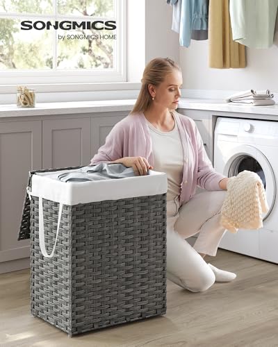 SONGMICS Laundry Hamper with Lid, 23.8 Gallon (90 L) Synthetic Rattan Clothes Laundry Basket with Lid and Handles, Foldable, Removable Liner, Dove Gray ULCB51WG - color: Dove Gray, size: 90 L