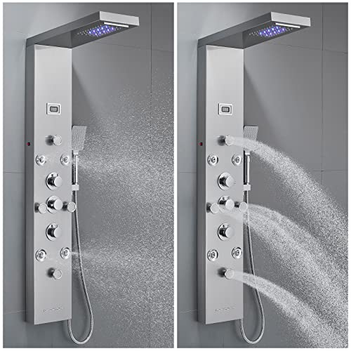 POPFLY LED Rainfall Waterfall Shower Panel Tower System, 4 Body Jets and 4 Mist Spray, 3-Function Handheld Shower, 304 Stainless Steel Shower Tower with Temp Display, Brushed - color: 8 Jets-brushed