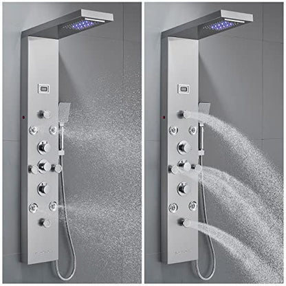 POPFLY LED Rainfall Waterfall Shower Panel Tower System, 4 Body Jets and 4 Mist Spray, 3-Function Handheld Shower, 304 Stainless Steel Shower Tower with Temp Display, Brushed - color: 8 Jets-brushed