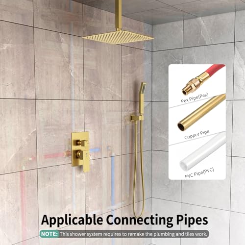 SR SUN RISE 12 Inch Ceiling Mounted Shower System Rain Mixer Shower Combo Set Rainfall Shower Head System Brushed Gold Shower Faucet Trim Repair Kits with Shower Rough-in Valve Body and Trim - color: Brushed Gold, style: 12 inch