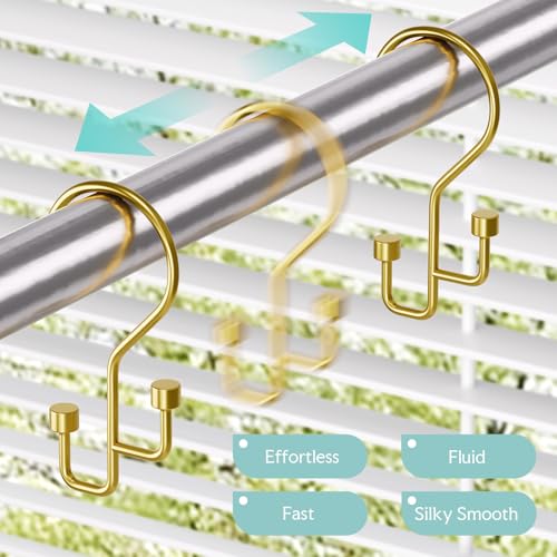 Bathway 12-Pack Double Shower Curtain Hooks, Rust-Resistant Metal Shower Curtain Rings with High-Low Design to Separate Liner & Curtain, Smooth Glide, Gold - color: Gold