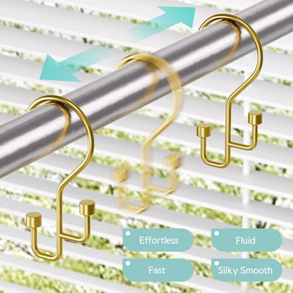 Bathway 12-Pack Double Shower Curtain Hooks, Rust-Resistant Metal Shower Curtain Rings with High-Low Design to Separate Liner & Curtain, Smooth Glide, Gold - color: Gold